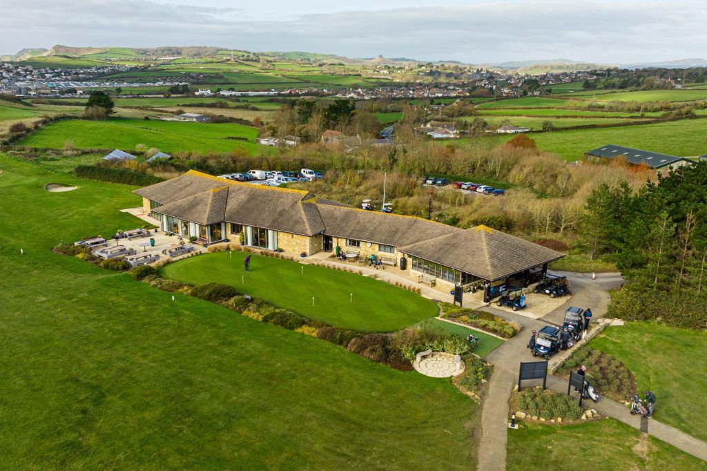 Aerial view of golf course club house