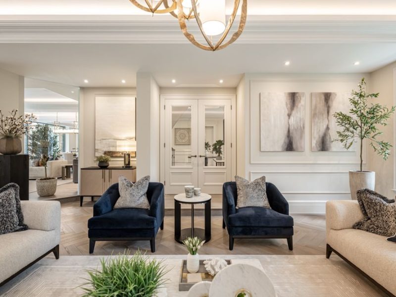 Beautiful high end lounge with blue arm chairs