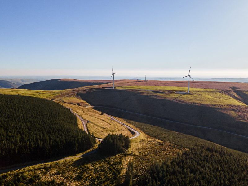Aerial landscape image of wind turbines