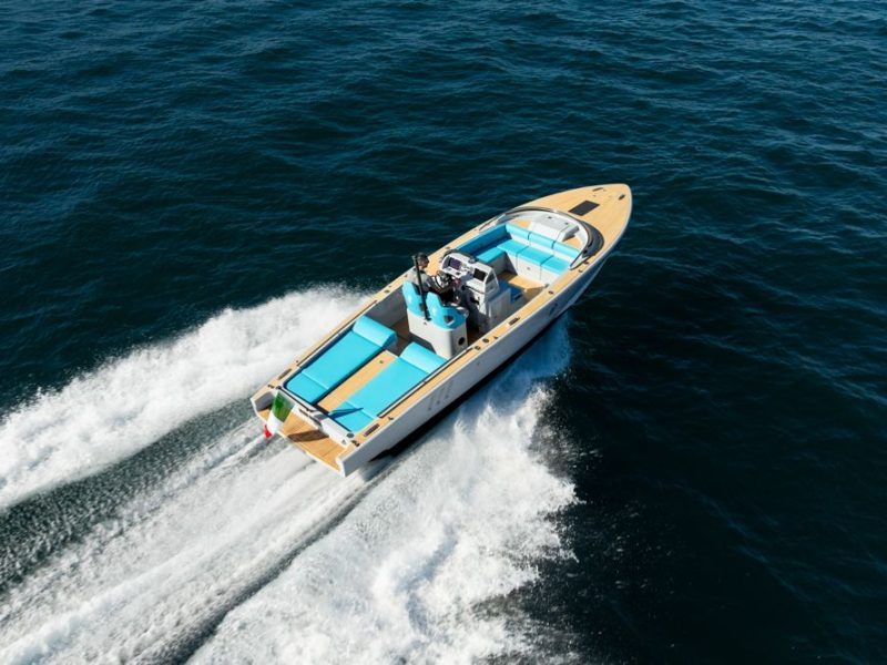 Drone picture of a beautiful Italian boat at speed